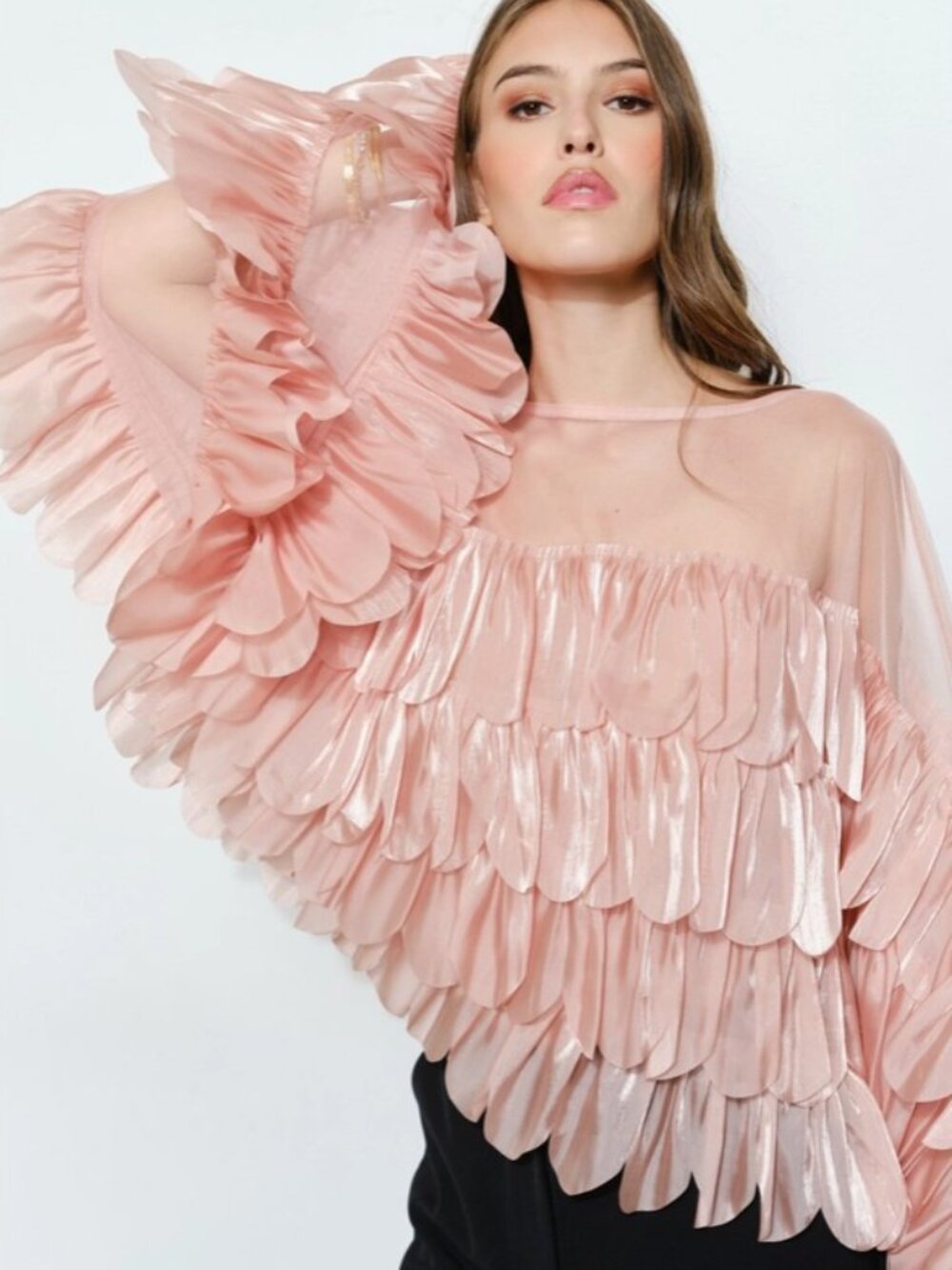 INA Mauve Ruffle Blouse Sheer Organza Scallop Layered Statement Top - Large - Picture 5 of 5